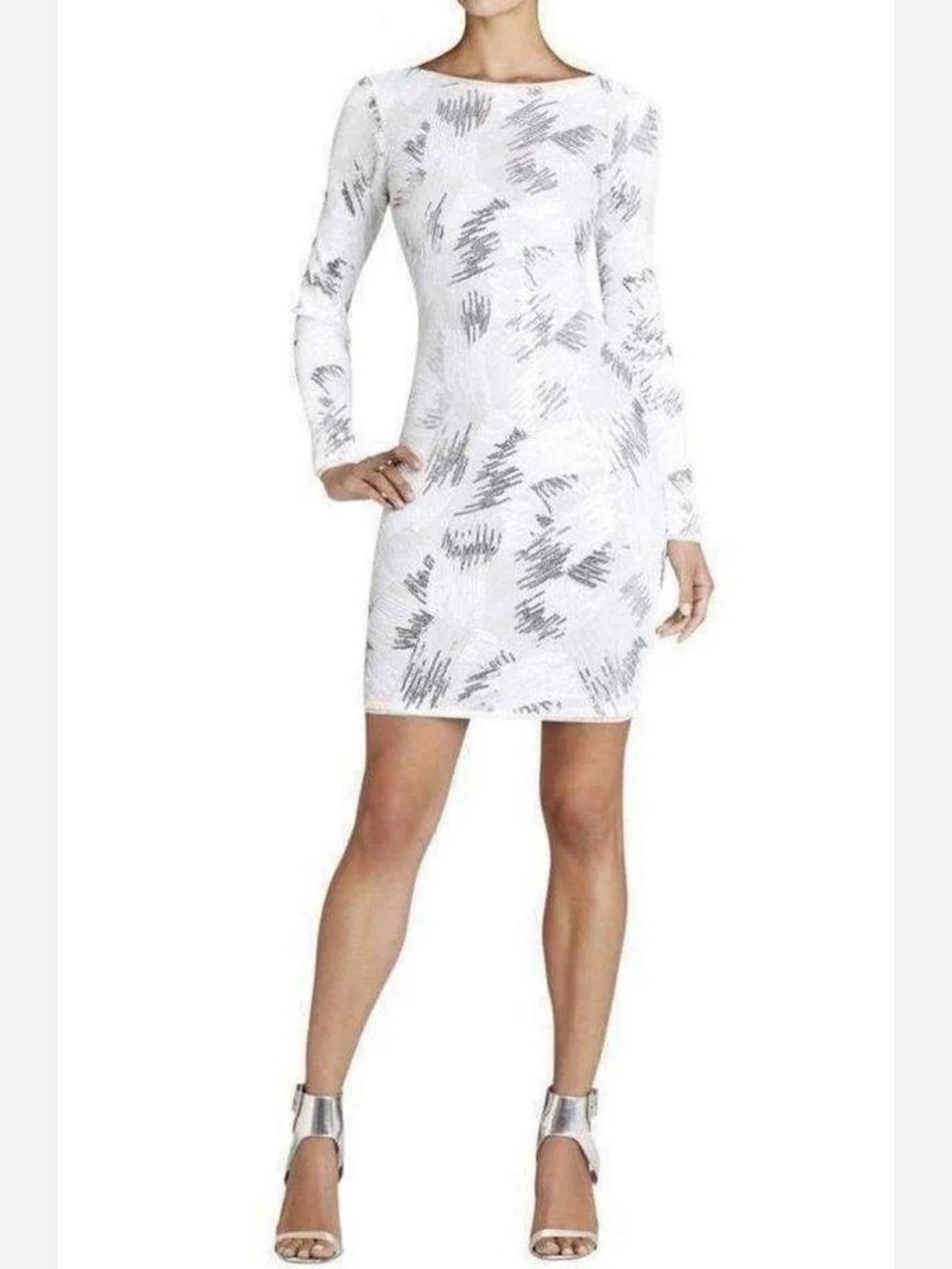 NEW BCBGMAXAZRIA Kamila Long Sleeve White Silver Sequin Open Back Mini Dress L